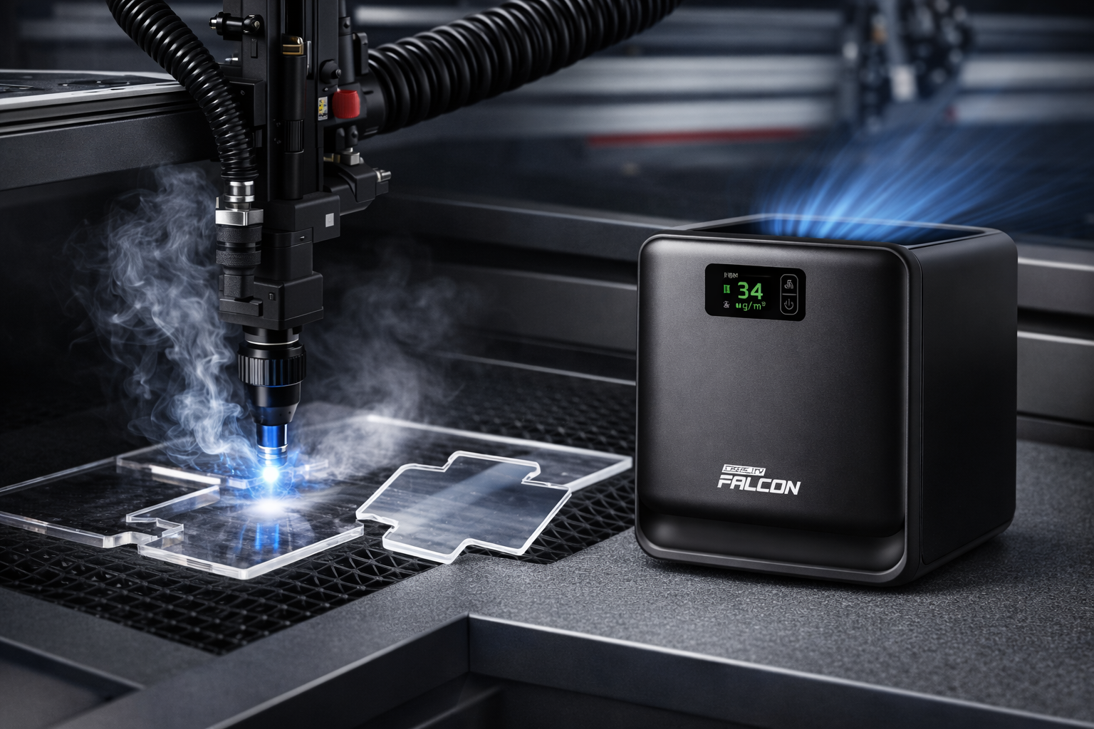 Processo de corte de acr�lico com remo��o de fuma�a e aus�ncia de odores no ambiente